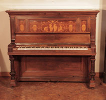 Reconditioned, 1894, Steinway upright piano for sale with a polished, rosewood case. Cabinet features a central panel inlaid with dancing ladies, swags and fluttering ribbons. £12,000. Piano has an eighty-five note keyboard and two pedals. Price includes: 3 year warranty, Up to £45 towards first tuning, Free piano stool, Free delivery to a ground floor residence within mainland UK. 