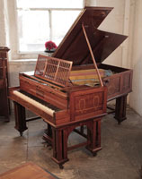 Arts and Crafts, Bechstein Model VI grand piano with a mahogany case and copper mounts. Cabinet inlaid with hearts, bellflowers and celtic knotwork.